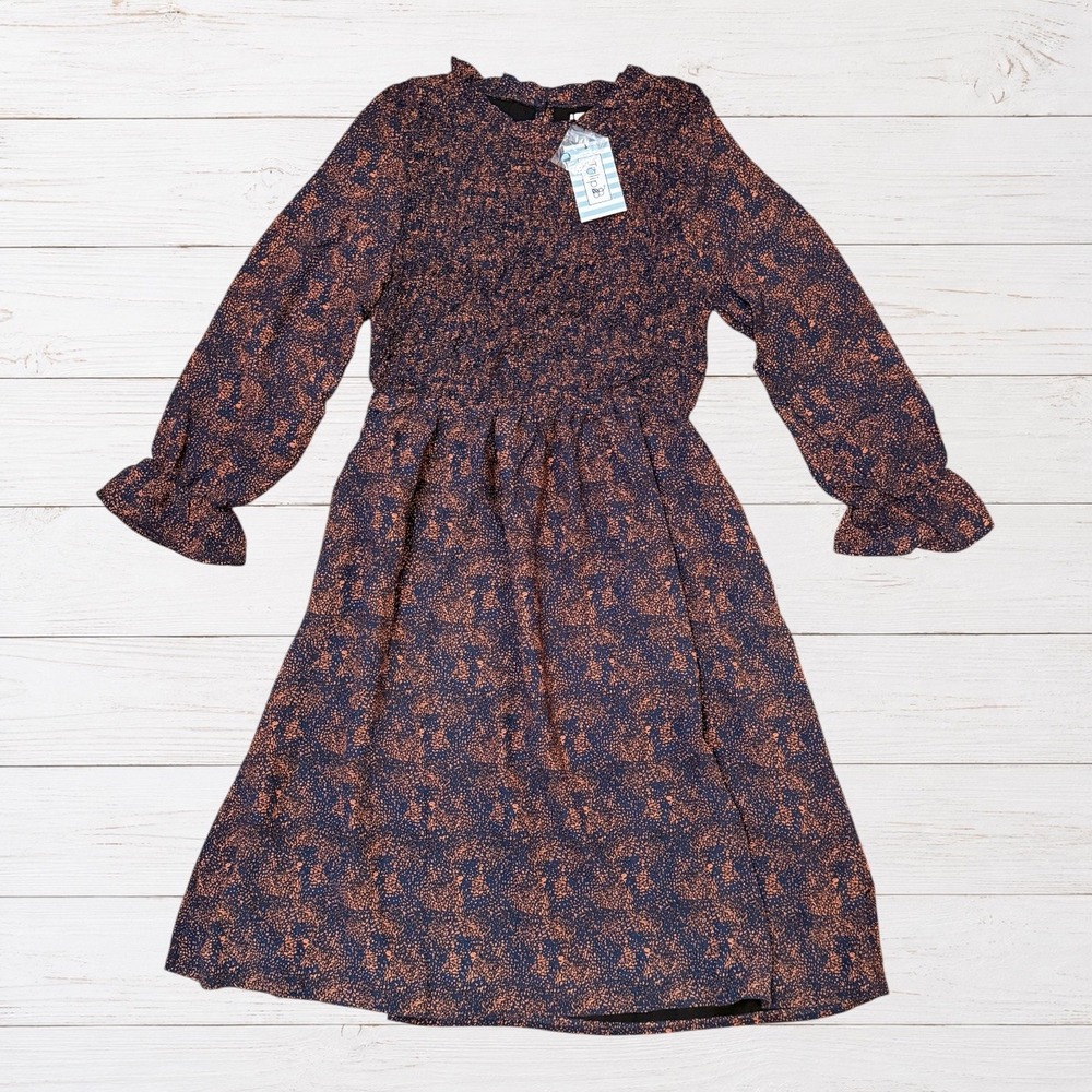 NWT Boho Navy Rust Midi Dress Ruffle Neck Puff Sleeve Cottagecore S Tulip B - Picture 2 of 8